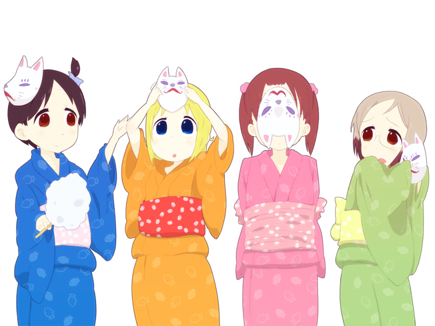 4girls, ana_coppola, blonde_hair, blue_eyes, commentary_request, cotton_candy, expressionless, fox_mask
