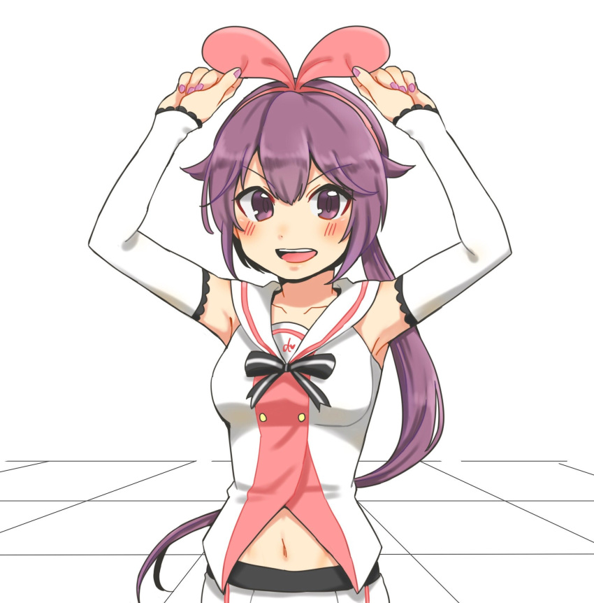1girl, armpits, blush, cosplay, fingernails, flipped_hair, hair_between_eyes, highres