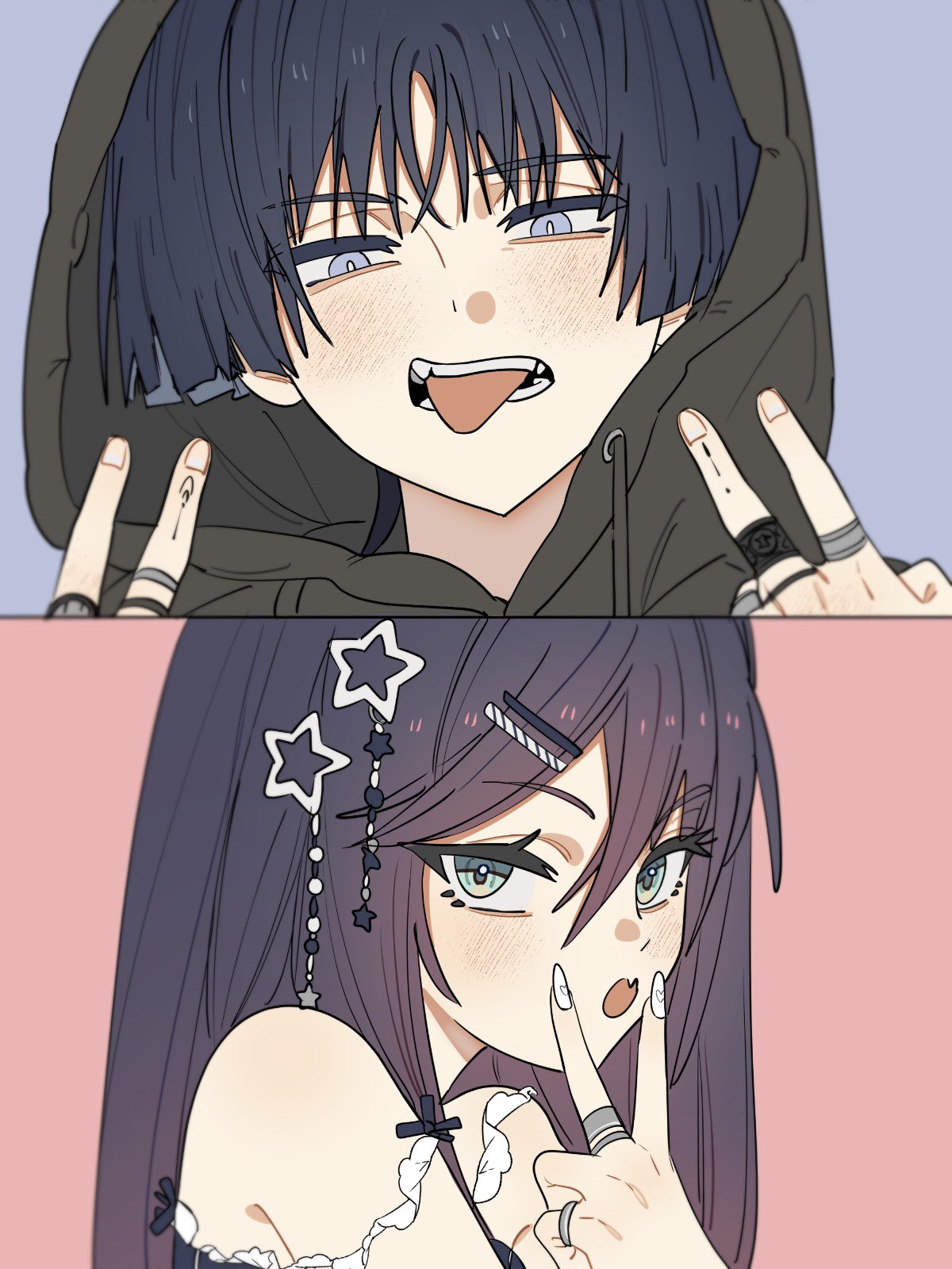 1boy, 1girl, alternate_costume, aqua_eyes, black_mouth, blunt_ends, bright_pupils, casual