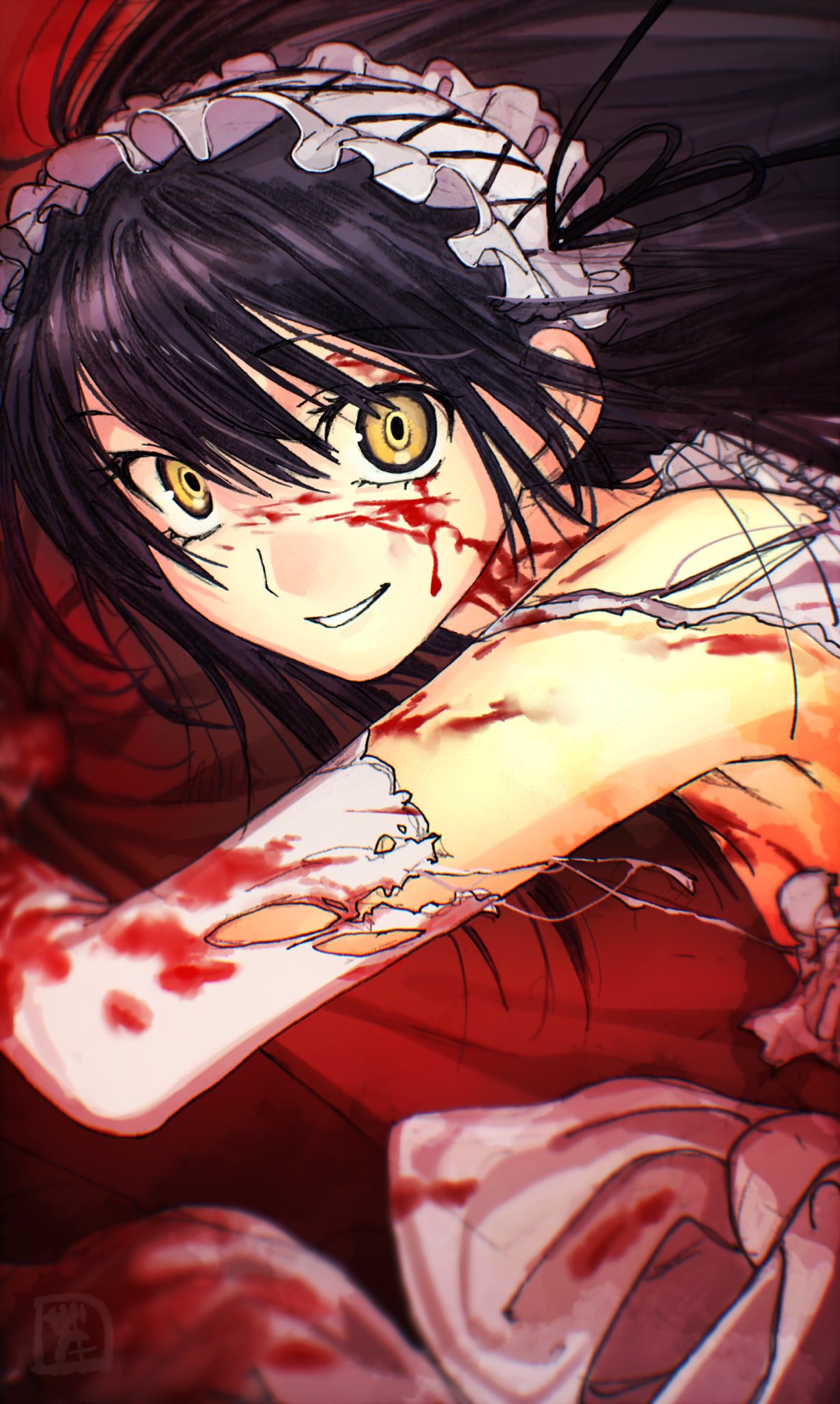 1girl, black_hair, blood, blood_on_clothes, blood_on_face, commentary_request, decoration_disorder_disconnection, dress
