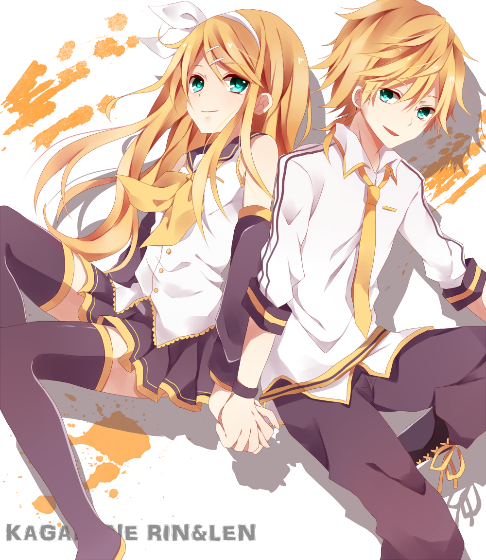 aqua_eyes, blonde_hair, hair_ornament, hair_ribbon, hairclip, kagamine_len, kagamine_rin, kouko
