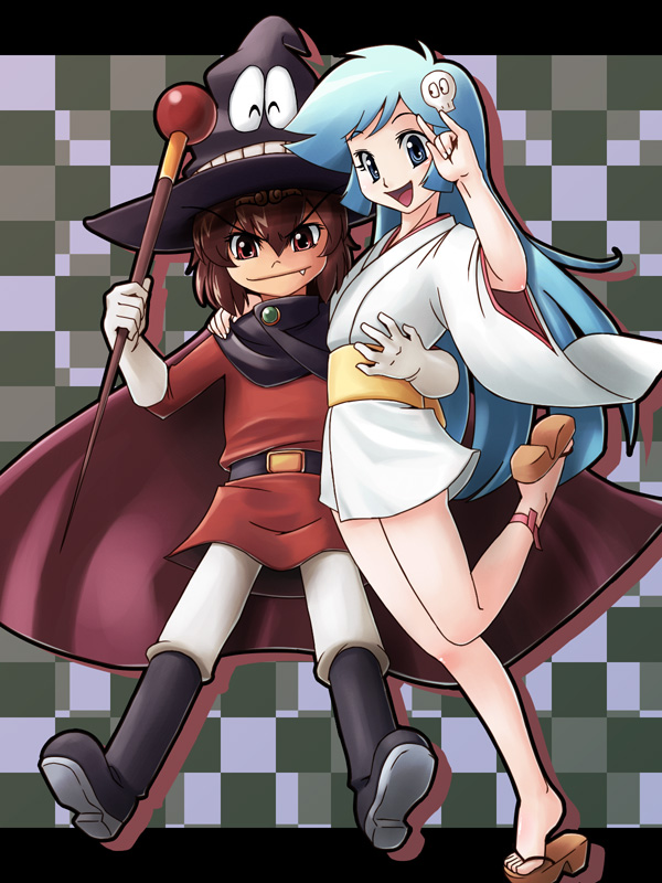 1boy, 1girl, anklet, arm_around_waist, belt, blue_eyes, blue_hair, boots, brown_air, brown_eyes, brown_hair, cape, dororon_enma-kun, enma-kun, eyebrows, fang, gloves, hair_ornament, hat, japanese_clothes, jewelry, no_socks, open_mouth, sandals, smile, staff, tara_baka_ni, witch_hat, yukiko_hime