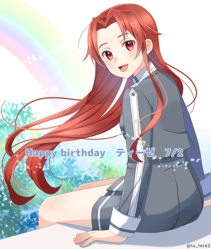 :d, artist_name, breasts, collared_jacket, commentary_request, cowboy_shot, floating_hair, forehead