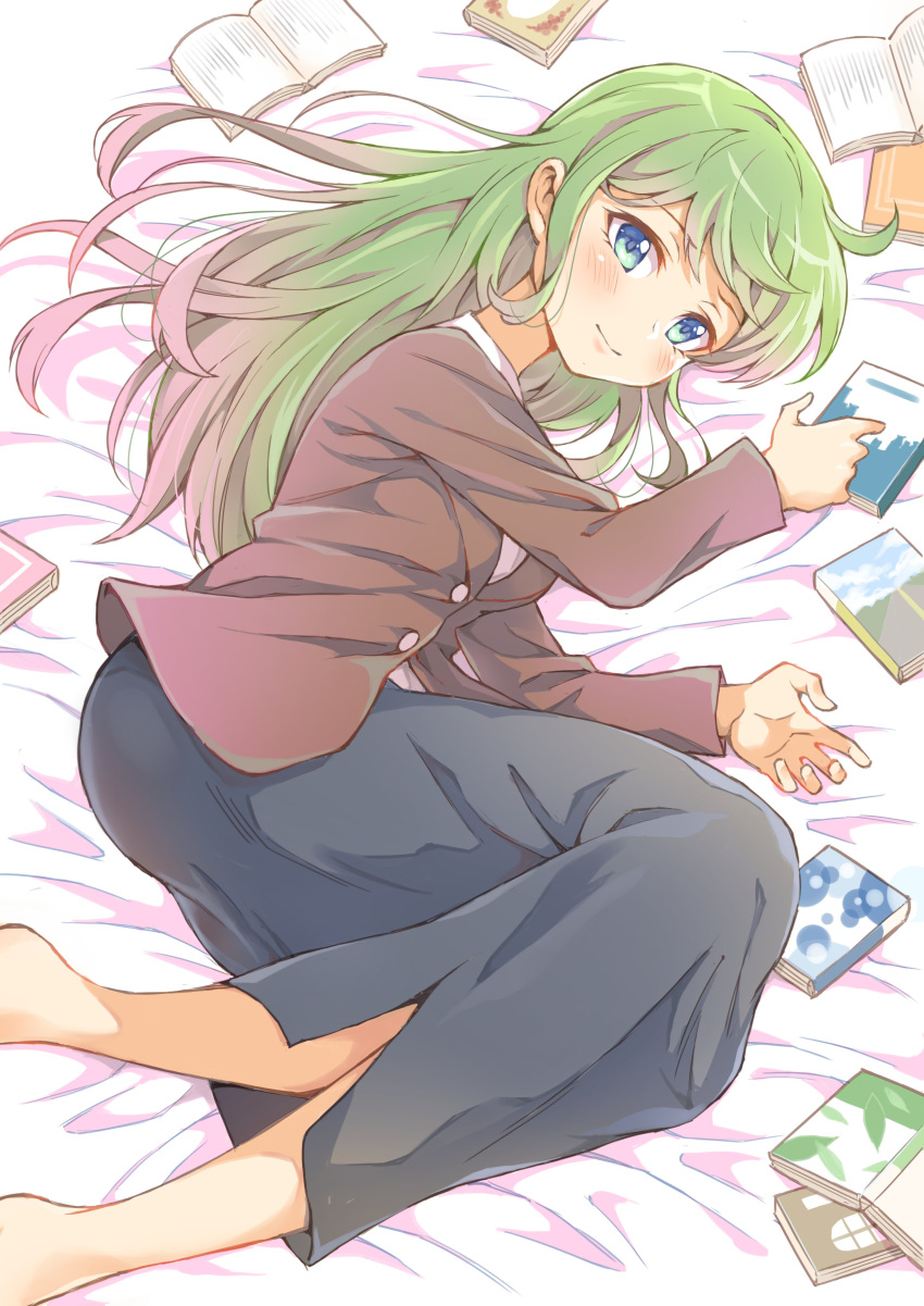 1girl, absurdres, aqua_eyes, bed_sheet, black_skirt, book, brown_coat, closed_mouth
