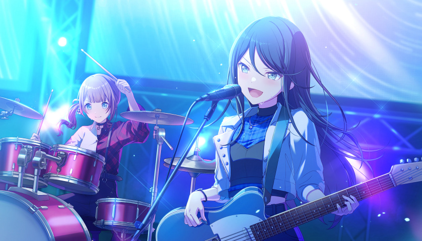 2girls, bass_guitar, black_hair, blue_eyes, blue_shirt, brown_hair, colorful_palette, drum