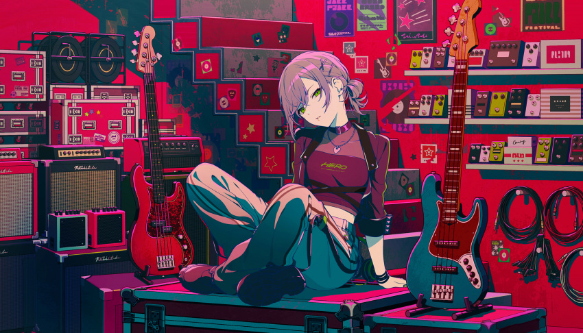 1girl, amplifier, bass_guitar, black_choker, black_shirt, black_shoes, choker, colorful_palette