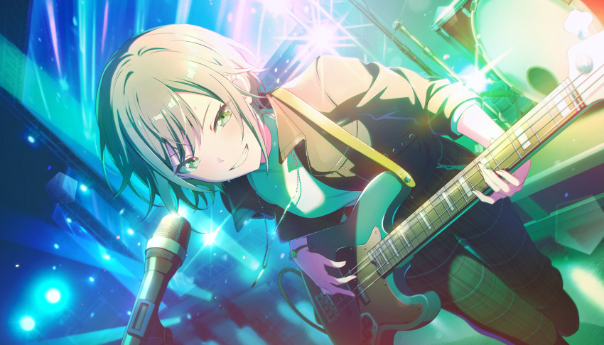 1girl, bass_guitar, black_jacket, colorful_palette, drum, drum_set, fender_jazz_bass, find_the_dream_view_(project_sekai)
