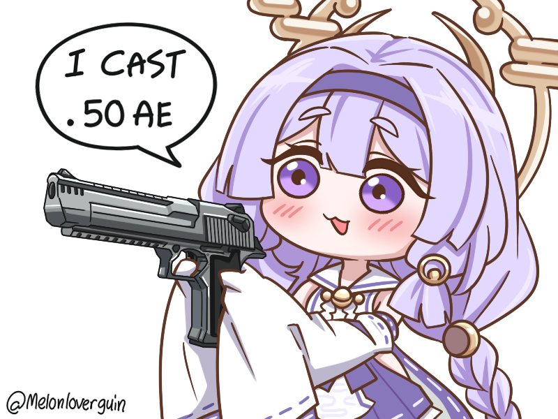 1girl, :d, blush, braid, chibi, clothing_cutout, commentary, desert_eagle