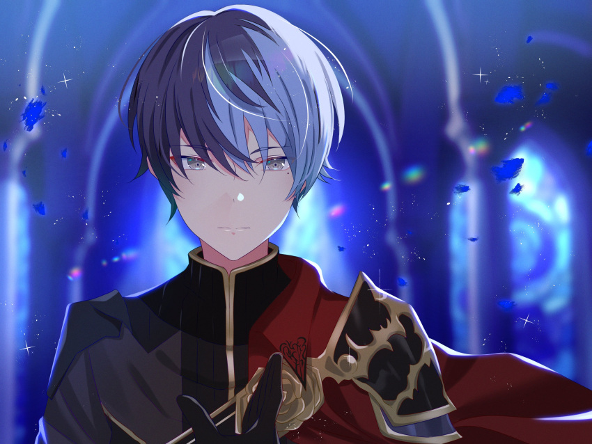 1boy, aoyagi_touya, black_gloves, blue_hair, blurry, blurry_background, closed_mouth, commentary