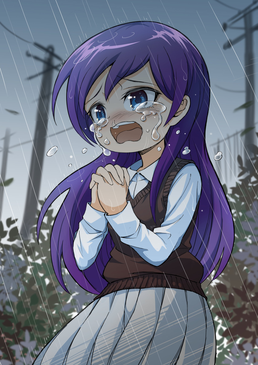 1girl, absurdres, amatsuki_sayaka, black_sweater_vest, blue_eyes, crying, grey_skirt, highres, jikkyou_powerful_pro_yakyuu, long_hair, long_sleeves, open_mouth, outdoors, own_hands_clasped, own_hands_together, pawahotel3021, power_pro_kun_pocket, power_pro_kun_pocket_14, praying, purple_hair, rain, shirt, skirt, snot, solo, sweater_vest, teeth, upper_teeth_only, utility_pole, white_shirt