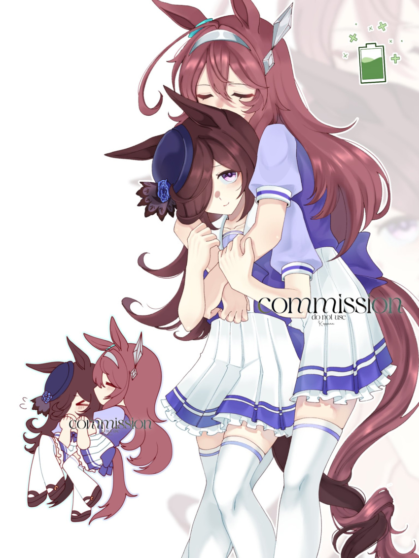 >_<, 2girls, ahoge, animal_ears, battery_indicator, blue_flower, blue_rose, blush