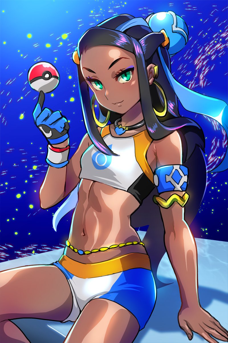 1girl, arm_support, armband, armlet, belly_chain, bikini, black_hair, blue_eyeliner