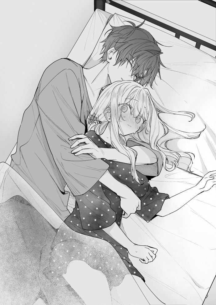 1boy, 1girl, bed, blush, breasts, dress, from_above, fuyukawa_kagari