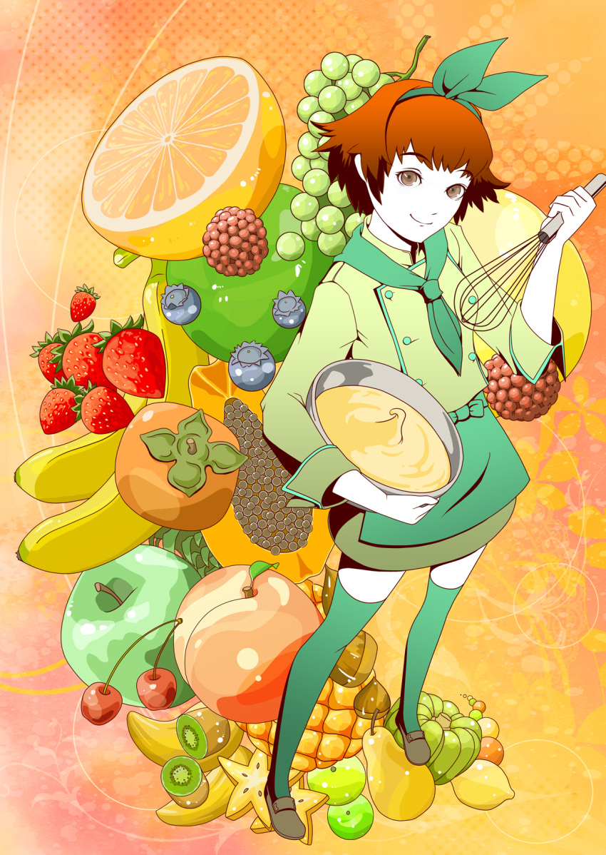 1girl, acorn, apple, apron, banana, blueberry, bowl, brown_eyes, brown_hair, brown_shoes, chef, cherry, food, fruit, grapes, green_neckerchief, green_shirt, green_thighhighs, guava_(fruit), highres, holding, holding_bowl, holding_whisk, kiwi_(fruit), mixing_bowl, neckerchief, orange_(fruit), orange_background, original, peach, pear, pineapple, sakanobekurobee, shirt, shoes, short_hair, solo, standing, starfruit, strawberry, thigh-highs, tomato, whisk