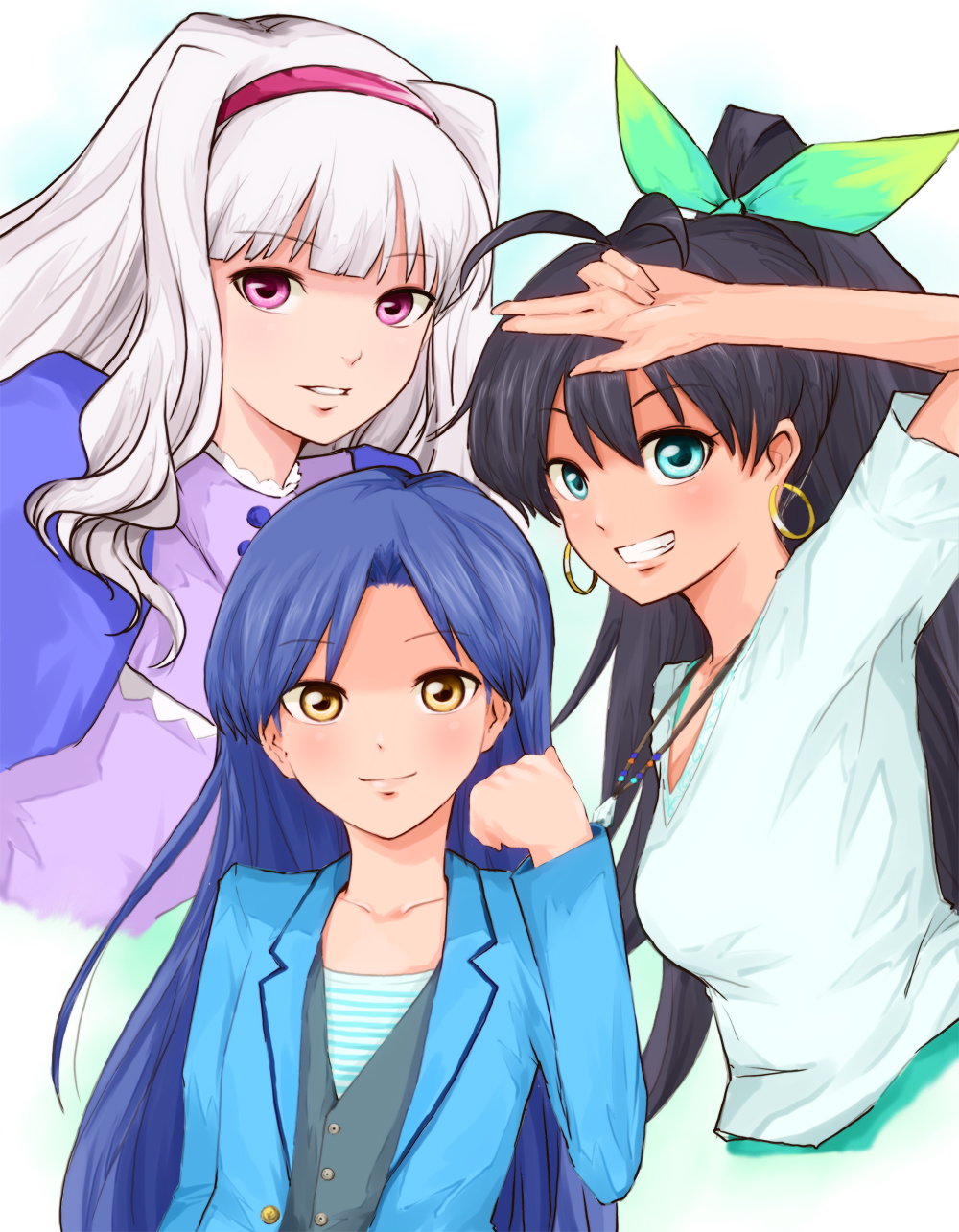 antenna_hair, black_hair, blue_eyes, blue_hair, blush, bow, brown_eyes, bust