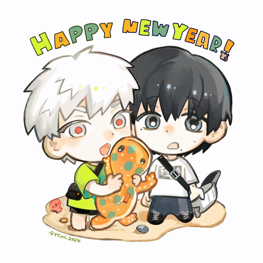 2026, 2boys, baseball_cap, black_hair, black_pants, black_shorts, blue_pants, chibi