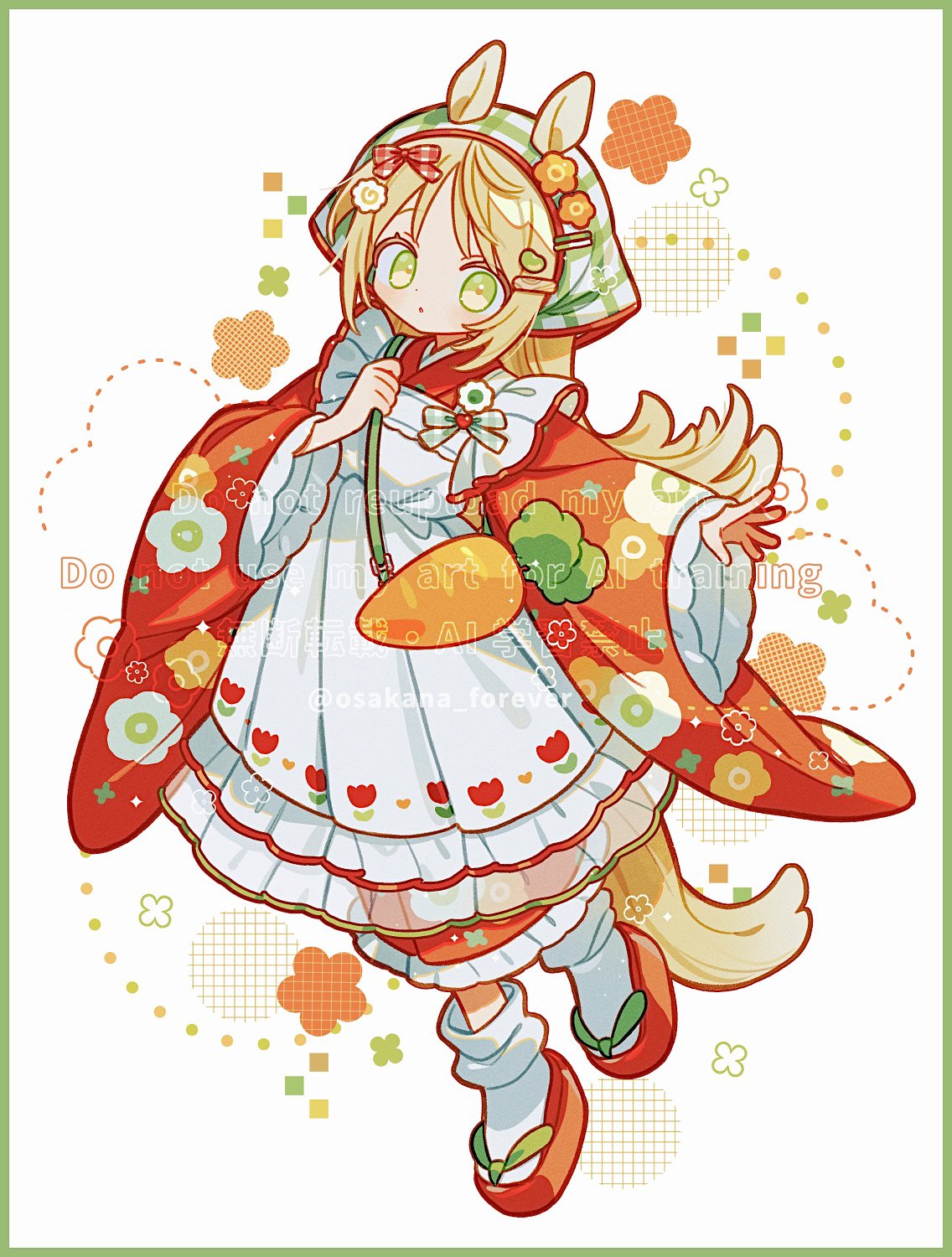 1girl, animal_ears, apron, blonde_hair, border, commentary, dot_nose, ears_through_headwear