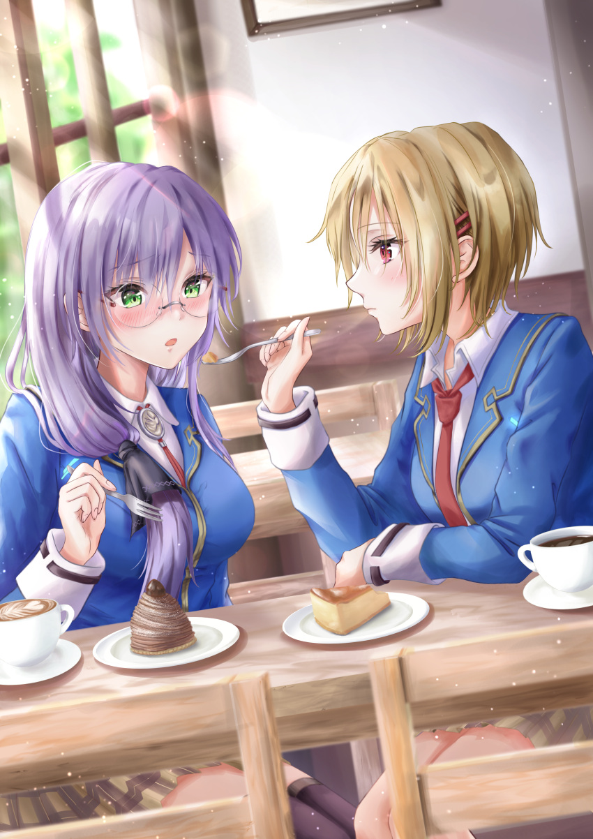 2girls, absurdres, blush, brown_hair, cafe, cake, cake_slice, chair
