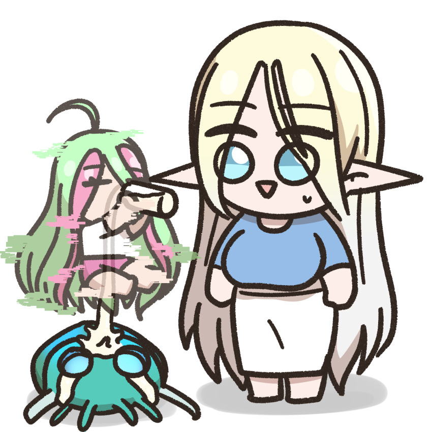 2girls, ahoge, alternate_costume, blonde_hair, blue_eyes, breasts, cerestia_of_life, chibi