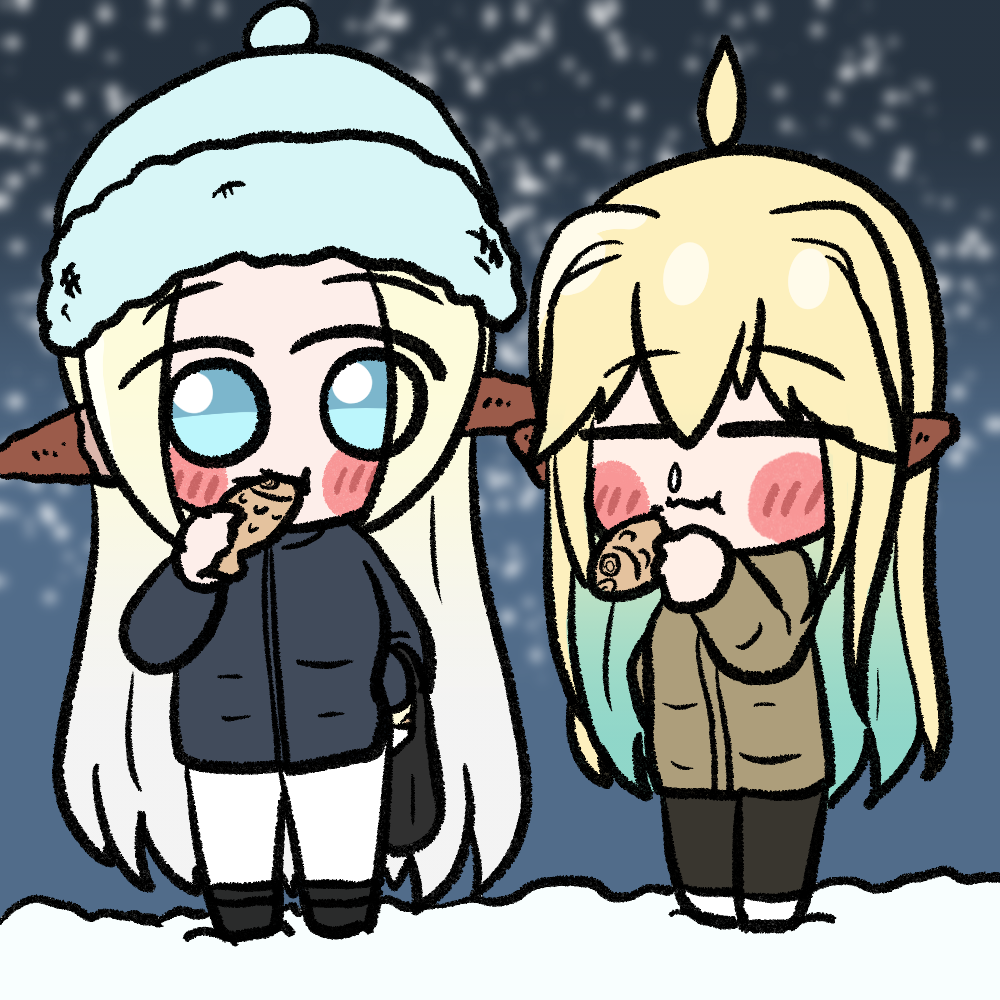 2girls, ahoge, alternate_costume, bag, blonde_hair, blue_eyes, blush_stickers, cerestia_of_life
