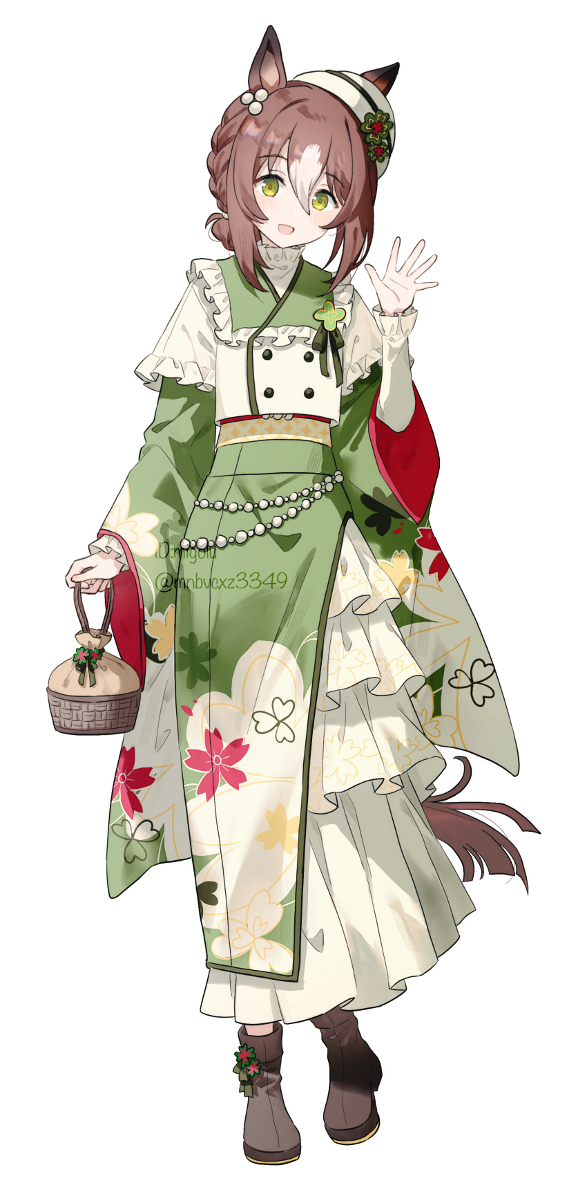 1girl, :d, absurdres, alternate_costume, animal_ears, ankle_boots, boots, braid