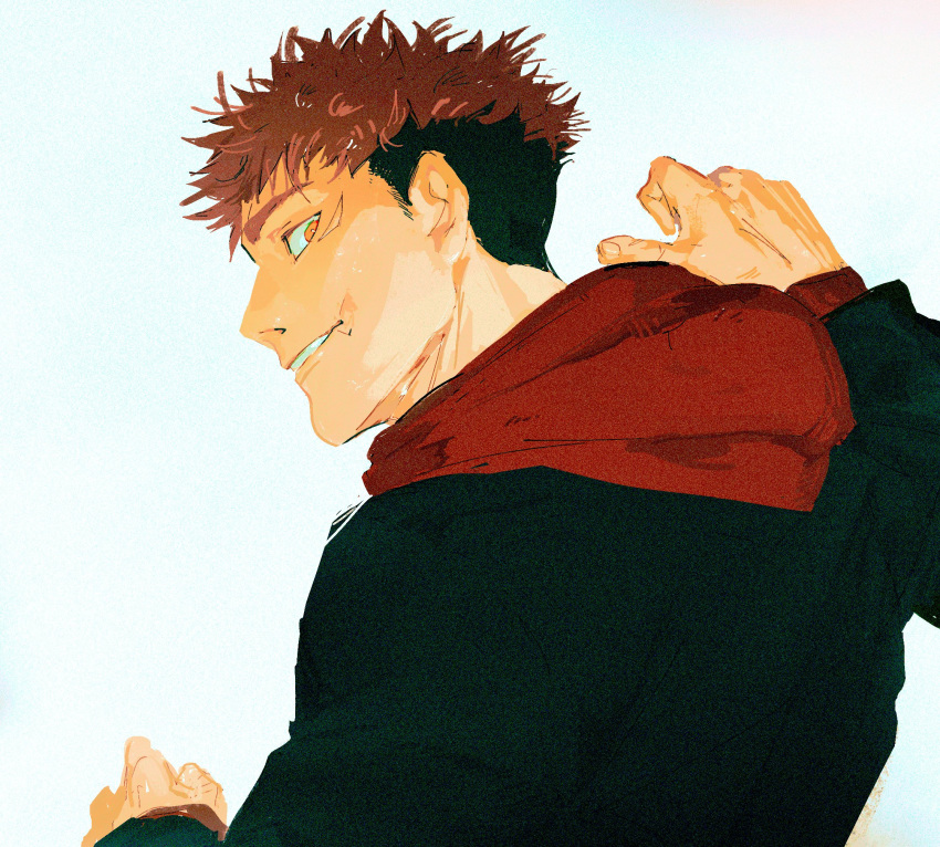 1boy, black_hair, commentary, english_commentary, grey_background, highres, hood, hood_down, hoodie, itadori_yuuji, jujutsu_kaisen, jujutsu_tech_uniform, looking_at_viewer, male_focus, pink_hair, red_hoodie, scar, scar_on_face, scar_on_mouth, short_hair, simple_background, solo, teeth, undercut, zeiame