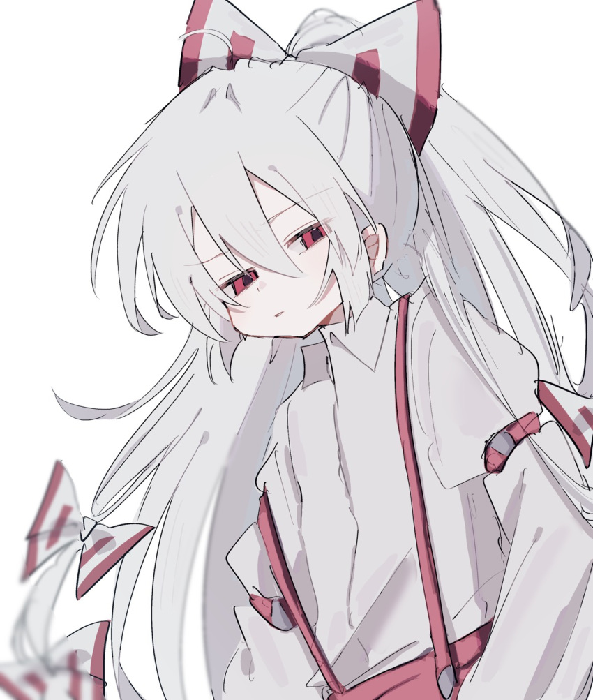 1girl, bow, collared_shirt, fujiwara_no_mokou, hair_between_eyes, hair_bow, hair_ribbon, highres