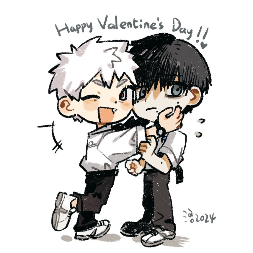 2024, 2boys, belt, black_belt, black_hair, black_pants, closed_mouth, collared_shirt