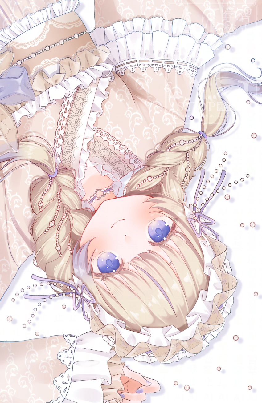 1girl, absurdres, blonde_hair, braid, choker, frilled_sleeves, frills, hair_ornament