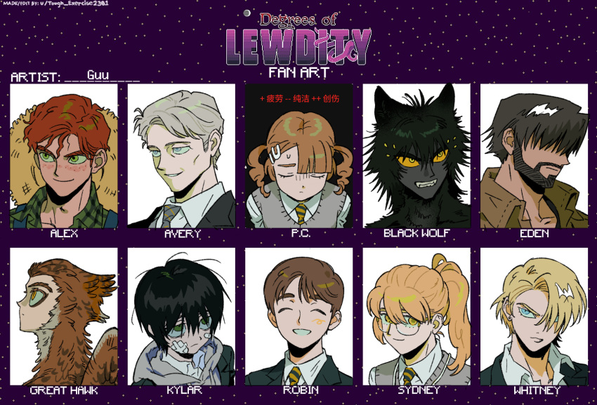 1girl, 6+boys, ^_^, alex_(degrees_of_lewdity), alex_(male)_(degrees_of_lewdity), artist_name, asymmetrical_bangs, avery_(degrees_of_lewdity), avery_(male)_(degrees_of_lewdity), bags_under_eyes, bandaid, bandaid_on_cheek, bandaid_on_face, beard, bird_boy, black_fur, black_hair, black_jacket, black_wolf_(degrees_of_lewdity), black_wolf_(male)_(degrees_of_lewdity), blazer, blonde_hair, blue_eyes, blue_necktie, blue_suspenders, blunt_bangs, blush, brown_feathers, brown_hair, brown_jacket, character_chart, character_name, chart, chinese_text, closed_eyes, closed_mouth, collage, collared_shirt, colored_sclera, copyright_logo, curly_hair, degrees_of_lewdity, diagonal-striped_clothes, diagonal-striped_necktie, double-parted_bangs, dress_shirt, earrings, eden_(degrees_of_lewdity), eden_(male)_(degrees_of_lewdity), english_commentary, english_text, expressionless, facial_hair, facing_away, facing_viewer, fangs, farmer, feather_hair, feathers, freckles, frown, full_beard, furry, furry_male, glasses, great_hawk_(degrees_of_lewdity), great_hawk_(male)_(degrees_of_lewdity), green_eyes, green_shirt, grey_eyes, grey_hair, grey_sweater_vest, grin, guu_(hakahonoo), hair_between_eyes, hair_ornament, hair_over_eyes, hair_over_one_eye, hairclip, hat, head_tilt, highres, hood, hoodie, jacket, jewelry, kylar_(degrees_of_lewdity), kylar_(male)_(degrees_of_lewdity), lapels, logo, looking_at_viewer, looking_to_the_side, mature_male, medium_hair, messy_hair, multiple_boys, necktie, notched_lapels, one_eye_covered, open_collar, orange_hair, parted_bangs, plaid_clothes, plaid_necktie, plaid_shirt, player_character_(degrees_of_lewdity), player_character_(female)_(degrees_of_lewdity), ponytail, portrait, red_hair, robin_(degrees_of_lewdity), robin_(male)_(degrees_of_lewdity), sanpaku, school_uniform, serious, shirt, short_hair, short_twintails, sideburns, simplified_chinese_text, smile, straw_hat, striped_clothes, stud_earrings, suspenders, sweatdrop, sweater_vest, sydney_(degrees_of_lewdity), sydney_(male)_(degrees_of_lewdity), tan, tareme, thick_eyebrows, translation_request, tsurime, turn_pale, twintails, unworn_hat, unworn_headwear, wavy_hair, white_hoodie, white_shirt, whitney_(degrees_of_lewdity), whitney_(male)_(degrees_of_lewdity), wing_collar, wolf_boy, wolf_cut, wrinkled_skin, yellow_eyes, yellow_necktie, yellow_sclera