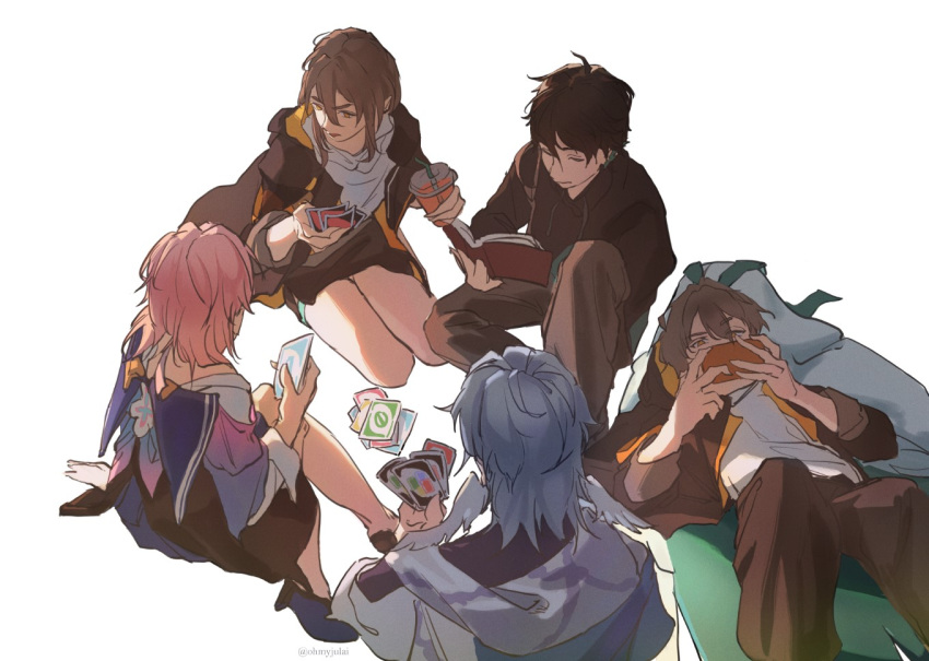 2girls, 3boys, baggy_pants, between_fingers, black_coat, black_gloves, black_hair, black_jacket, black_pants, black_shirt, black_shoes, black_skirt, blue_jacket, blue_skirt, book, caelus_(honkai:_star_rail), card, cellphone, chinese_clothes, closed_mouth, coat, cup, dan_heng_(honkai:_star_rail), dan_heng_(hunt)_(honkai:_star_rail), disposable_cup, drink, drinking_straw, dual_persona, earclip, earrings, feathered_wings, feet_out_of_frame, flower, flower_ornament, from_behind, full_body, gloves, green_coat, green_eyes, grey_hair, grey_pants, hair_between_eyes, half-closed_eyes, hand_up, hands_up, head_wings, holding, holding_book, holding_card, holding_cup, holding_phone, honkai:_star_rail, honkai_(series), hood, hooded_coat, jacket, jewelry, lapels, long_hair, long_sleeves, looking_at_object, looking_up, lying, march_7th_(honkai:_star_rail), march_7th_(preservation)_(honkai:_star_rail), miniskirt, multicolored_coat, multicolored_jacket, multiple_boys, multiple_girls, no_halo, oh_my_julai, on_back, open_book, open_clothes, open_coat, open_jacket, open_mouth, pants, phone, pink_hair, playing_card, puffy_long_sleeves, puffy_sleeves, reading, scarf, seiza, shirt, shoes, short_hair, simple_background, single_earring, sitting, skirt, smartphone, stelle_(honkai:_star_rail), sunday_(honkai:_star_rail), t-shirt, thigh_strap, trailblazer_(honkai:_star_rail), two-sided_coat, two-sided_fabric, two-sided_jacket, two-tone_coat, two-tone_jacket, uno_(game), upper_body, v-shaped_eyebrows, white_background, white_coat, white_flower, white_jacket, white_scarf, white_shirt, wings, yellow_coat, yellow_eyes, yellow_jacket