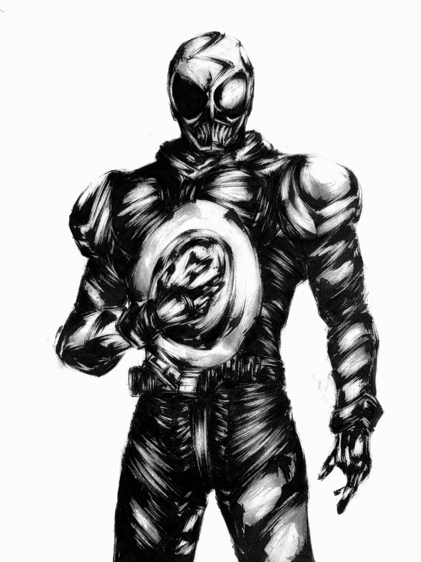 1boy, absurdres, armor, belt, black_background, cowboy_shot, fedora, greyscale, hat, helmet, highres, holding, holding_unworn_clothes, holding_unworn_hat, ink, inksac, kamen_rider, kamen_rider_skull, kamen_rider_w, looking_at_viewer, mask, monochrome, scarf, shoulder_armor, simple_background, skull_mask, solo, tokusatsu, unworn_hat, unworn_headwear