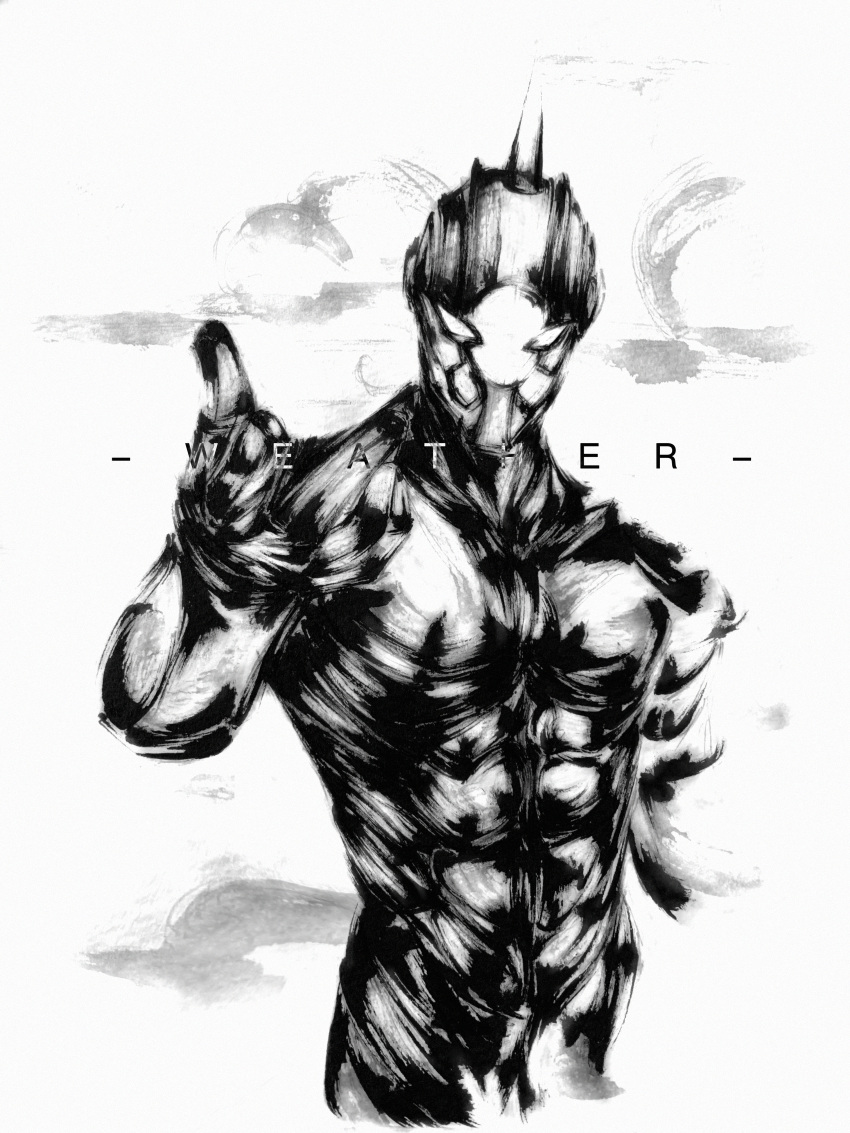 1boy, abs, absurdres, arm_up, character_name, clouds, commentary, english_text