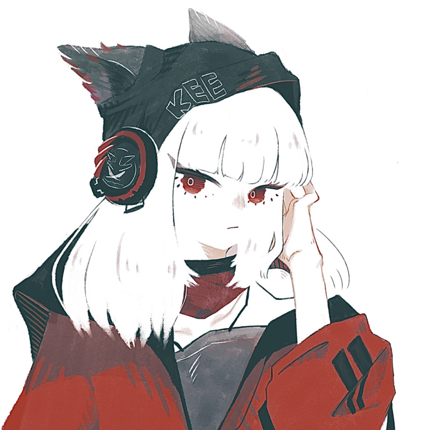 1girl, animal_ears, arknights, beanie, black_hood, closed_mouth, clothes_writing, commentary_request, ears_through_hood, fox_ears, fox_girl, frostleaf_(arknights), grey_shirt, hand_in_own_hair, hand_on_headphones, hand_up, hat, headphones, implied_extra_ears, jacket, long_hair, looking_at_viewer, mugioec, off-shoulder_shirt, off_shoulder, open_clothes, open_jacket, red_eyes, red_jacket, red_scarf, scarf, shirt, simple_background, solo, upper_body, white_background, white_hair