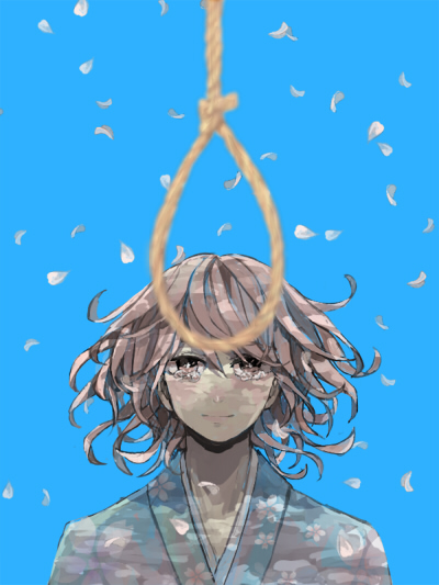 blurry, depth_of_field, face, floating_hair, japanese_clothes, kimono, light_smile, noose, ookawa, petals, rope, saigyouji_yuyuko, saigyouji_yuyuko_(living), short_hair, smile, solo, tears, touhou