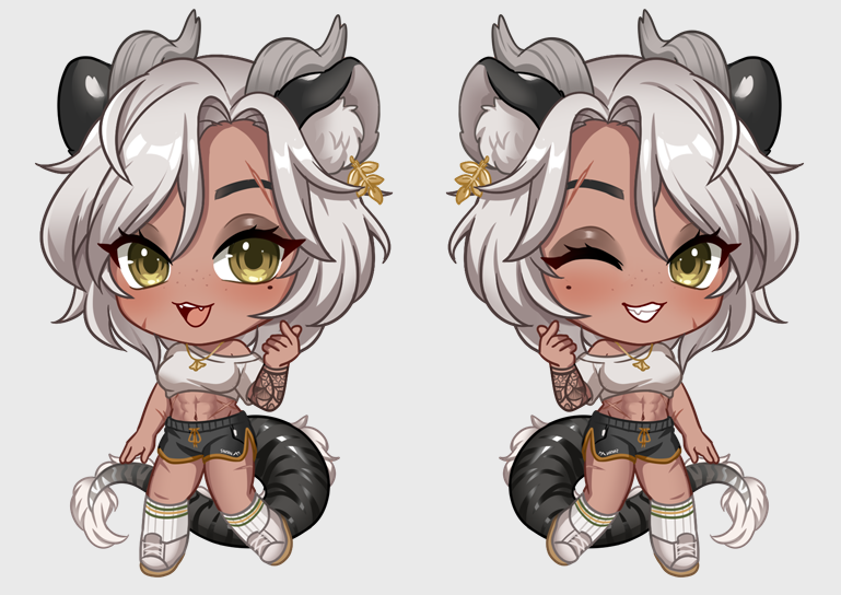 abs, animal_ears, arm_tattoo, birthmark, black_shorts, chibi, crop_top, dragon_horns