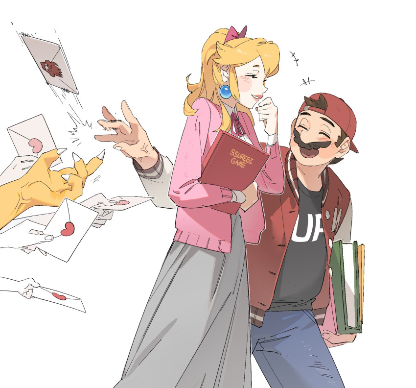 1girl, 2boys, :d, ^_^, alternate_costume, alternate_universe, anger_vein, backwards_hat