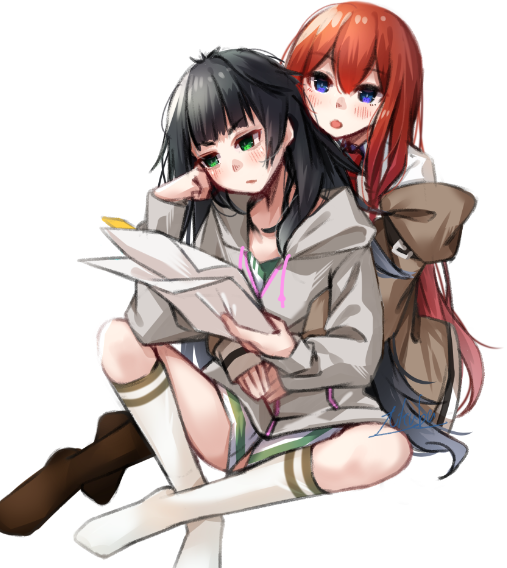 2girls, :o, blunt_bangs, blush, brown_hair, button_dress, commentary_request, green_eyes