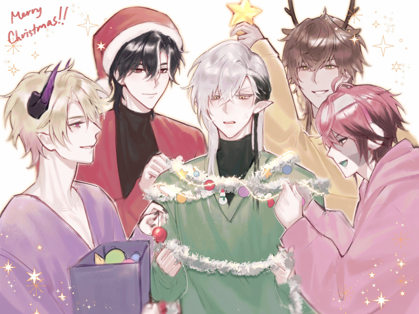 5boys, absurdres, antlers, black_hair, brown_hair, cassian_floros, christmas_ornaments, christmas_star