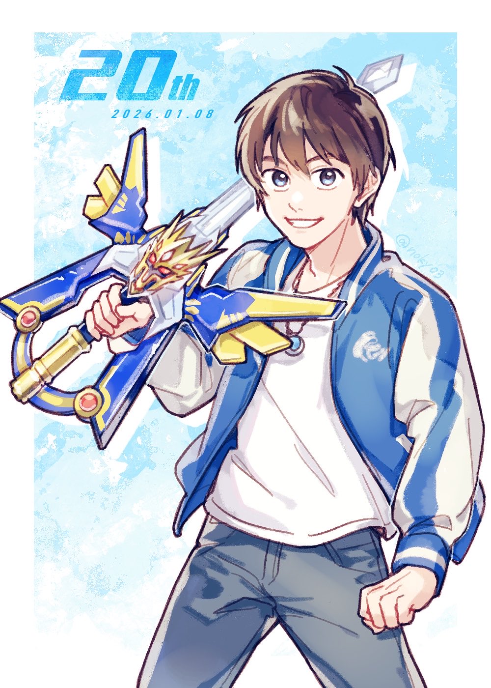 1boy, anniversary, black_eyes, blue_jacket, blue_pants, brown_hair, commentary_request, gekiryuken