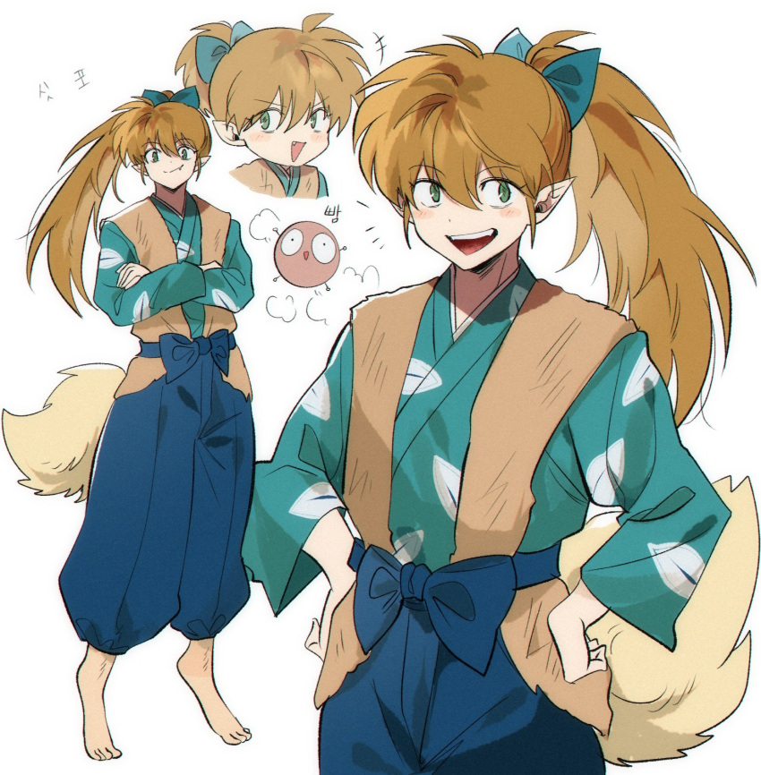 +++, 1boy, :d, animal_feet, blue_hakama, bow, brown_hair, chibi