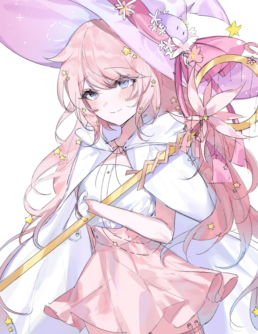 1girl, blue_eyes, blush, cape, closed_mouth, commentary, cowboy_shot, english_commentary, glitch_stars, gloves, hair_between_eyes, hair_ornament, hat, high-waist_skirt, highres, holding, holding_staff, kjo_(kjobutcool), long_hair, looking_at_viewer, magical_girl, mochi_(glitch_stars), pink_hair, pink_skirt, purple_hat, shirt, simple_background, skirt, smile, solo, staff, star_(symbol), star_hair_ornament, swept_bangs, virtual_youtuber, white_background, white_cape, white_gloves, white_shirt, witch_hat