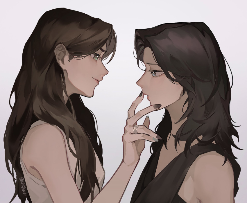 2girls, akechi_(826988799), black_hair, black_nails, black_shirt, brown_hair, closed_mouth, commentary_request, eye_contact, fingernails, from_side, hair_over_shoulder, hand_on_another's_face, highres, huh_yunjin, jewelry, korean_commentary, le_sserafim, long_hair, looking_at_another, multiple_girls, nail_polish, nakamura_kazuha, open_mouth, profile, real_life, ring, shirt, simple_background, sleeveless, sleeveless_shirt, twintails, upper_body, white_background, white_shirt, yuri