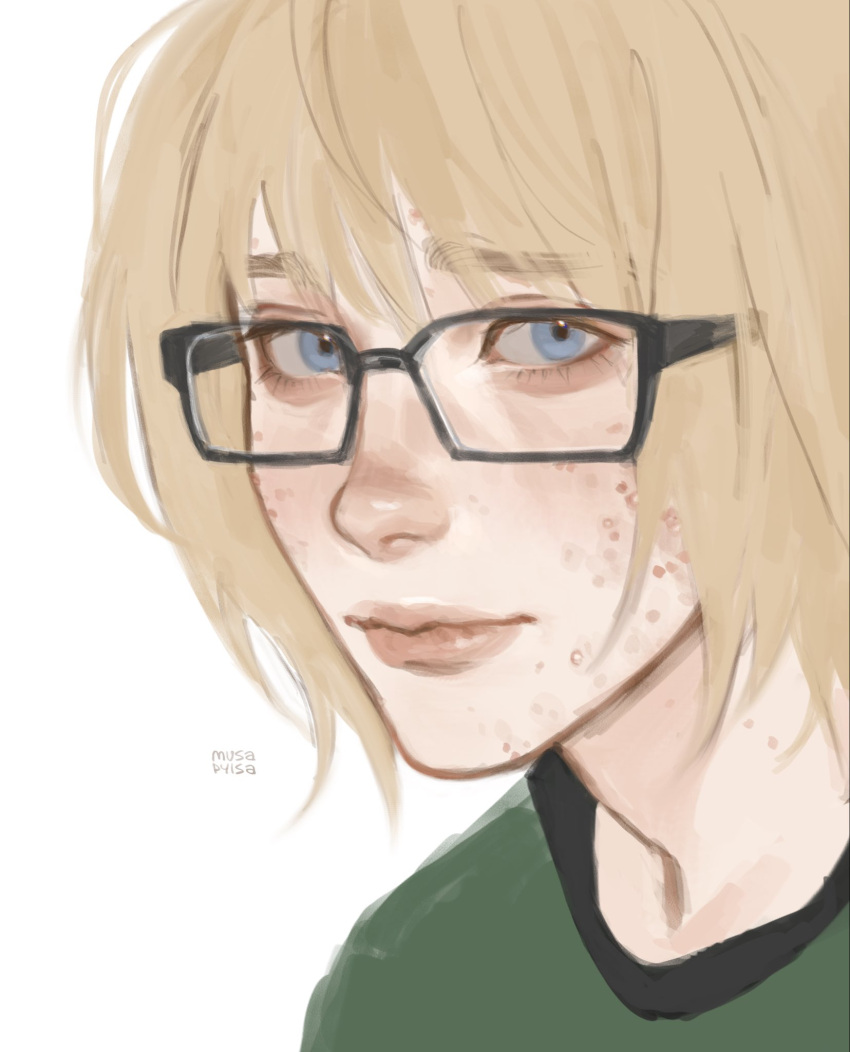 1boy, armin_arlert, artist_name, black-framed_eyewear, blonde_hair, blue_eyes, commentary, english_commentary