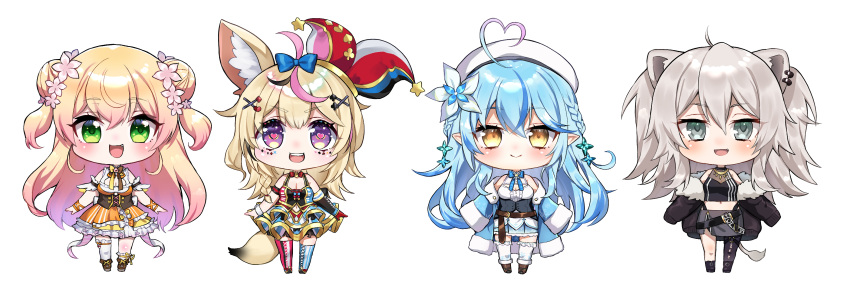 4girls, :d, ahoge, animal_ear_fluff, animal_ear_piercing, animal_ears, arms_at_sides, asymmetrical_legwear