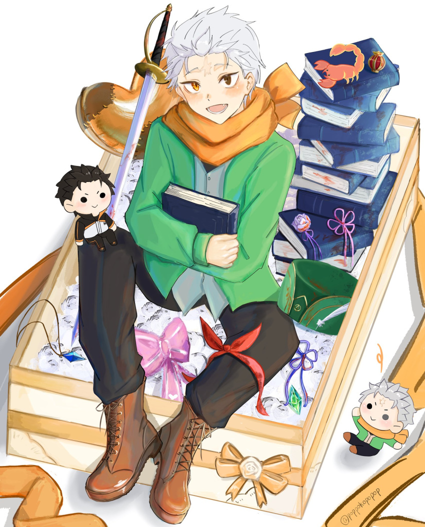 1boy, black_pants, blush, book, book_stack, boots, bow, box, brown_eyes, character_doll, commentary_request, doll, gift, green_jacket, grey_hair, hair_slicked_back, highres, holding, holding_book, hugging_book, hugging_object, jacket, long_sleeves, looking_at_viewer, male_focus, natsuki_subaru, open_mouth, orange_eyes, orange_ribbon, orange_scarf, pants, pink_ribbon, poppokopopop, re:zero_kara_hajimeru_isekai_seikatsu, ribbon, scarf, shirt, short_hair, simple_background, sitting, smile, solo, sword, toy, twitter_username, weapon, white_background, white_hair