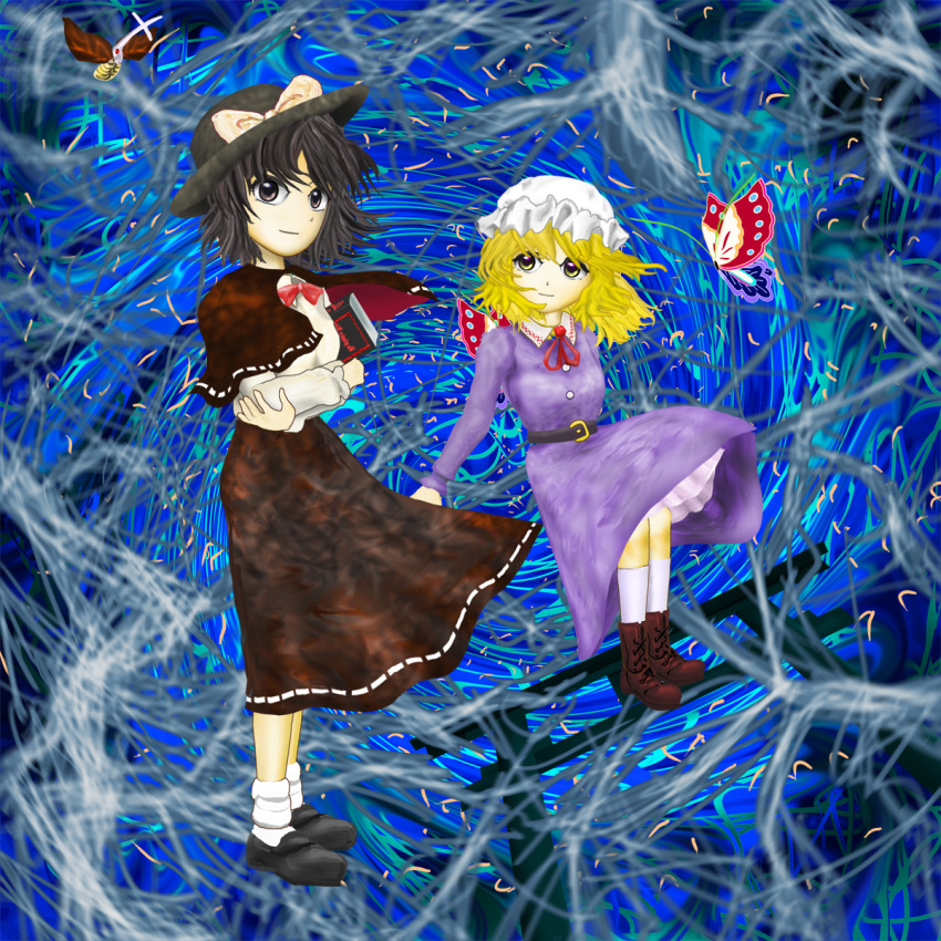 2girls, ankle_boots, belt, black_belt, black_capelet, black_hair, black_hat, black_shoes