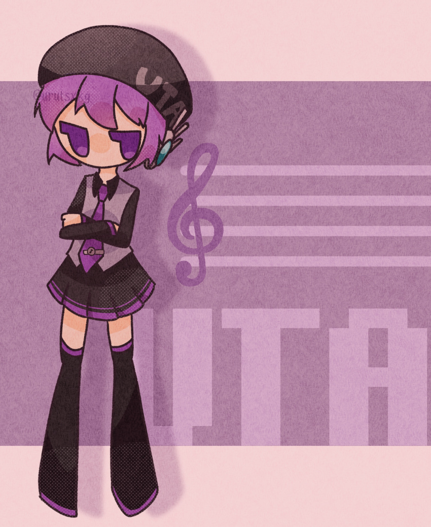 1girl, absurdres, beret, black_boots, black_hat, black_skirt, boots, collared_shirt, crossed_arms, deformed, full_body, hat, highres, long_sleeves, miniskirt, necktie, pleated_skirt, purple_hair, purple_necktie, shirt, short_hair, skirt, solo, standing, thigh_boots, urutsxkg, utane_uta, utau, violet_eyes