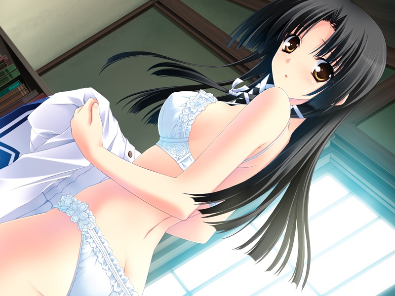 black_hair, bra, butt_crack, character_request, dutch_angle, frilled_panties, game_cg, indoors