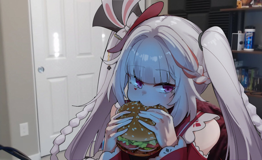 1girl, black_hat, braid, burger, commentary, detached_sleeves, door, eating, english_commentary, facial_mark, food, frills, hat, hat_ornament, heart, heart_facial_mark, highres, holding, holding_burger, holding_food, honkai:_star_rail, honkai_(series), indoors, jerma985, jerma985_eating_a_whopper_(meme), long_hair, long_sleeves, meme, mini_hat, mini_top_hat, photo_background, pink_eyes, rabbit_hat_ornament, red_sailor_collar, sailor_collar, sifserf, solo, sparkle_(honkai:_star_rail), sparxie_(honkai:_star_rail), top_hat, twin_braids, twintails, white_hair